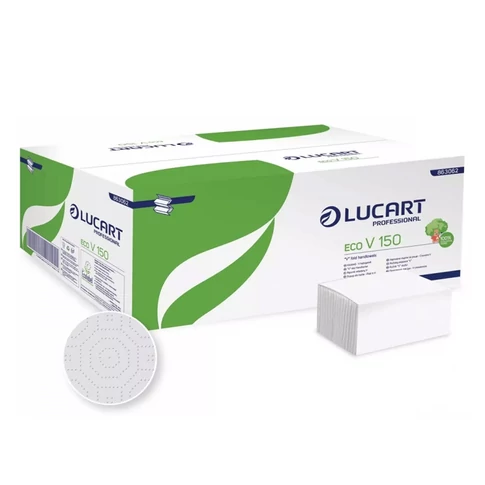 Higiénikus V hajtogatott kéztörlő 2 rétegű fehér, környezetbarát Ecolucart kivitelben