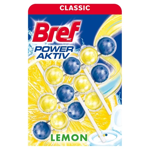 Bref Power Aktiv WC-illatosító, Lemon illat, 3×50 g golyós kiszerelés – kosaras rögzítés, stabil frissesség
