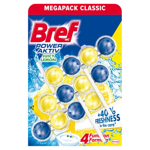 Bref Power Aktiv WC-illatosító, Lemon illat, 3×50 g golyós kiszerelés – kosaras rögzítés, stabil frissesség