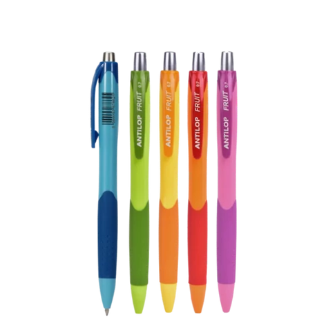 Antilop Fruit nyomógombos golyóstoll vegyes neon színű tokban, kék tintával, írásvastagság 0,7 mm