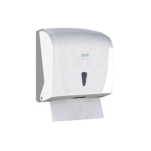 Fehér Vialli K40 műanyag adagoló V-hajtogatású kéztörlőkhöz, falra szerelhető megoldás irodai és közösségi mosdók higiénikus kéztörléséhez