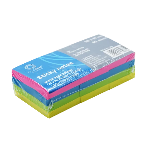 Bluering öntapadó jegyzettömb, neon színekben, 38×51 mm, 80 lap/tömb, 12 tömb/csomag – irodai jelöléshez és szervezéshez