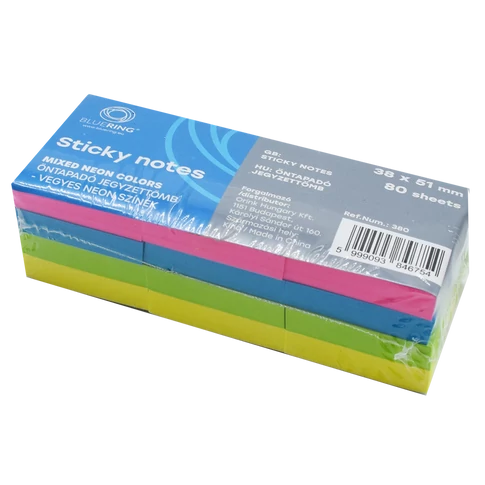 Bluering öntapadó jegyzettömb, neon színekben, 38×51 mm, 80 lap/tömb, 12 tömb/csomag – irodai jelöléshez és szervezéshez