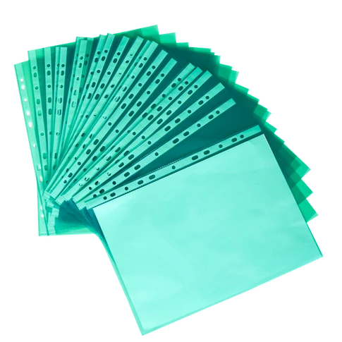 Lefűzhető genotherm A4 50 mikron – zöld szegélyű iratvédő tasak, 25 db/csomag, dokumentumok rendszerezéséhez dossziéban