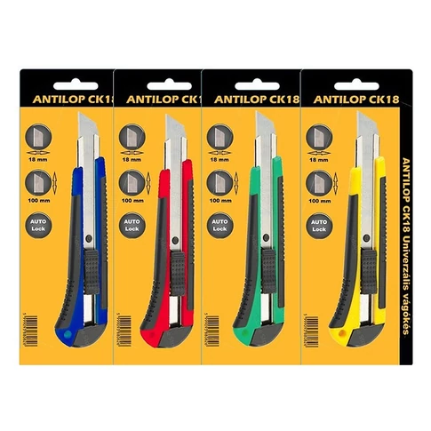 Antilop barkácskés 18 mm széles pengével, gumírozott markolattal és fém vezetősínnel, vegyes színekben