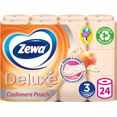 Zewa Deluxe Cashmere Peach 3 rétegű toalettpapír 100% cellulózból, barackos illattal, 24 tekercses kiszerelés