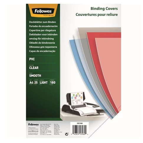Fellowes® víztiszta előlap A4 180 mikron – 25 db/csomag, átlátszó dokumentum borító spirálozáshoz