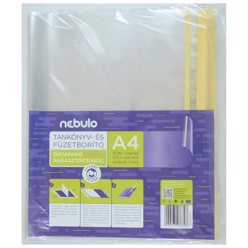 Nebulo A4 öntapadó tankönyvborító, 51,5×31 cm, víztiszta, ragasztócsíkkal, 10 ív/csomag