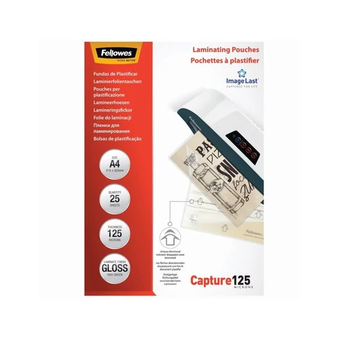 Lamináló fólia, A4, 125 mikron, fényes, FELLOWES, 25 db/csomag