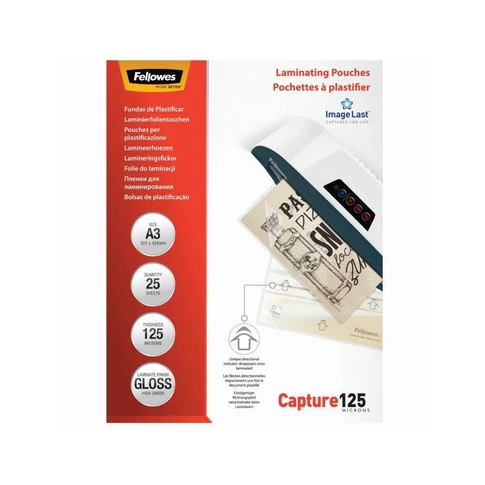 Lamináló fólia, A3, 125 mikron, fényes, FELLOWES, 25 db/csomag