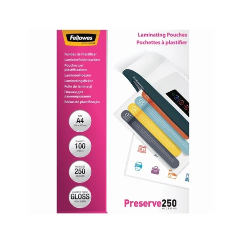 Lamináló fólia, A4, 250 mikron, fényes, FELLOWES, 100 db/csomag