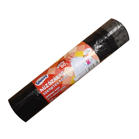 Glossy zárószalagos fekete szemeteszsák 60 literes, 58×68 cm méretben, 10 darabos tekercsben konyhai, irodai és háztartási hulladék higiénikus gyűjtéséhez