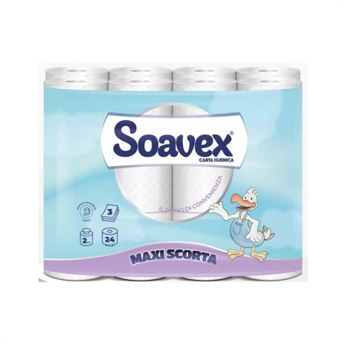 Soavex Maxi Scorta Paperdi 3 rétegű toalettpapír, 100% cellulóz, 162 lap/tekercs, 24 tekercs/csomag, fehér