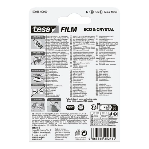 Ragasztószalag 19mmx10m irodai újrahasznosított 2 db víztiszta szalag+adagoló Tesa Eco & Crystal