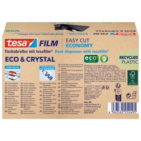 Ragasztószalag adagoló 19mmx10m, asztali + irodai átlátszó újrahasznosított ragasztószalag Tesa Eco & Crystal