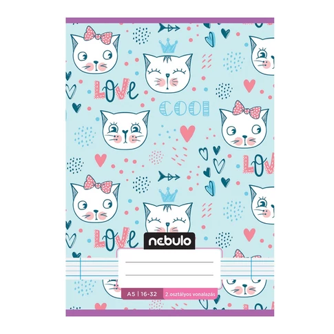 Füzet, A5, 2. osztályos vonalas, 16-32, Cuki minták, 16 db/csomag Nebulo