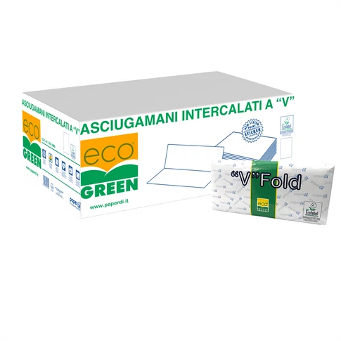 Paperdi 2 rétegű, V-hajtogatású fehér kéztörlő kék mintával, 250 lapos csomagban, 20 csomag/karton kiszerelésben