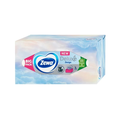 Dobozos Zewa Deluxe papírzsebkendő 3 rétegben – 150 lap/doboz, könnyen kivehető, otthonra és irodába
