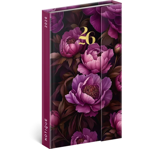 Határidőnapló mágnessel záródó Purple Flowers 130x210 mm heti tervező könyvjelzőszalaggal