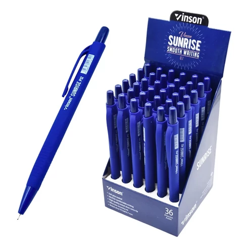 Vinson Sunrise P12 nyomógombos golyóstoll, 0,7 mm heggyel, kék tintával, vegyes színű testtel, 36 db-os display kiszerelésben