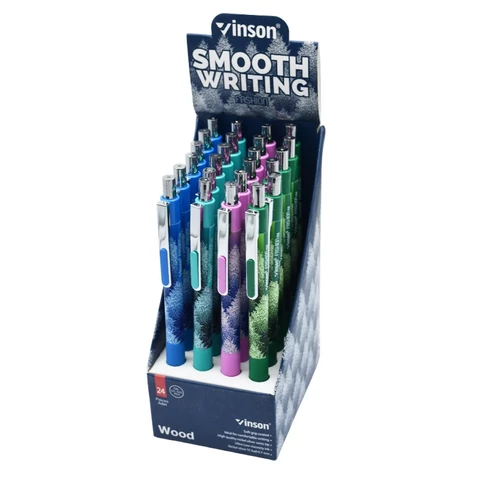 Golyóstoll nyomógombos 0,7mm Vinson Wood 108 vegyes test 24 db/display olaj bázisú tinta