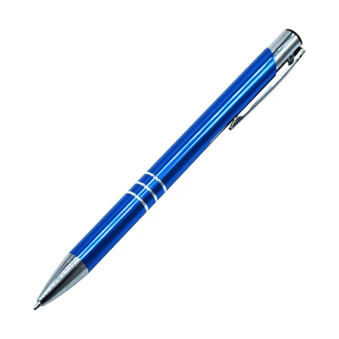 Elegáns fémházas, kék testű Channel nyomógombos golyóstoll kék tintával, mindennapi irodai íráshoz, jegyzeteléshez és dokumentumok aláírásához