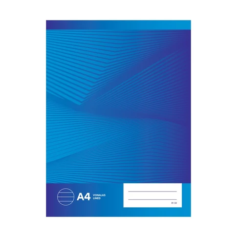 A4-es méretű, 32 lapos, vonalas iskolai füzet, BS 81-32 típus, fehér papírral és tűzött borítóval