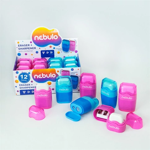 Hegyező 2 lyukú műanyag, tartályos+radír egyben 12 db/doboz, Nebulo vegyes színek