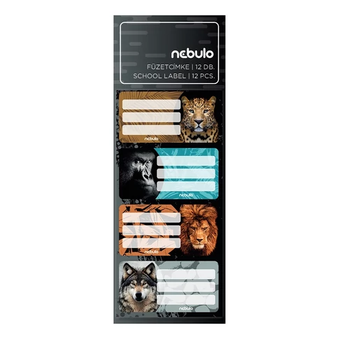 Füzetcímke 12db-os, Vadállatok, vegyes minták, 25 ív/csomag, Nebulo
