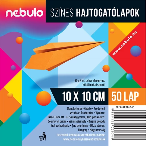 Hajtogatólap készlet 10×10 cm – Nebulo, vegyes színek, 50 lap papírhajtogatás és kézműves projektekhez