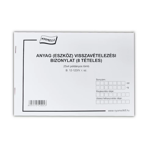 Bluering készlet visszavételezési bizonylat A5 fekvő, 8 tételes, négylapos tömb (B.12-123/V)
