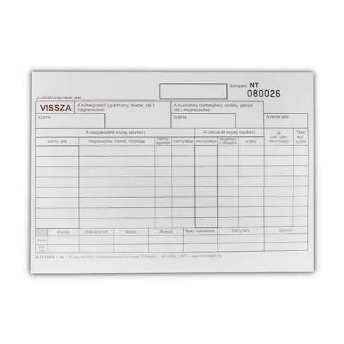 Bluering készlet visszavételezési bizonylat A5 fekvő, 8 tételes, négylapos tömb (B.12-123/V)
