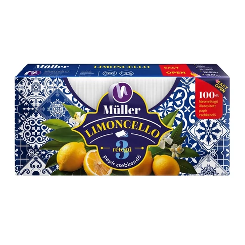 Müller 3-rétegű papírzsebkendő 100 lapos kiszerelésben, Limoncello illattal – puha és friss élmény minden alkalomra