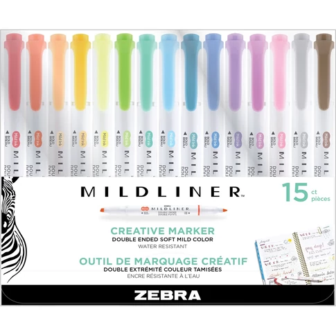 Szövegkiemelő készlet, 1,4/4 mm, kétvégű, Zebra Mildliner Highlighter, 15 különböző szín