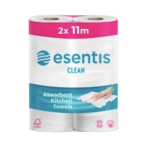 Háztartási papírtörlő kéztörlő 2 rétegű 50 lap/tekercs 2 tekercs/csomag Esentis clean fehér