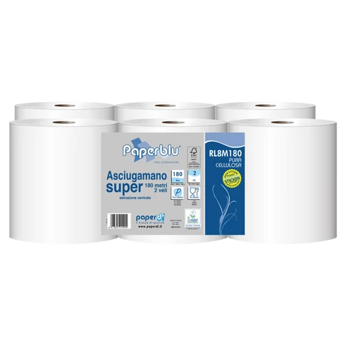 Kéztörlő 2 rétegű tekercses átmérő: 20 cm 100% cellulóz 486 lap/180 m/tekercs 6 tekercs/csomag Paperdi_RL8M180 fehér