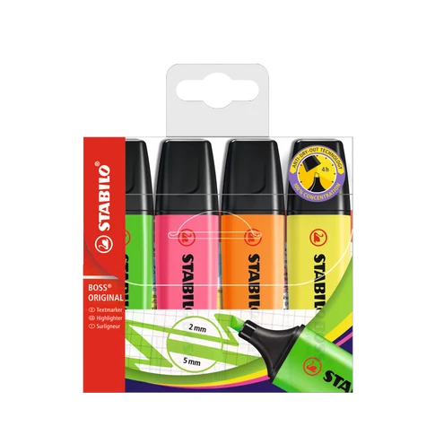 Szövegkiemelő készlet 2-5mm, vágott hegyű, STABILO Boss original, 4 klf. szín