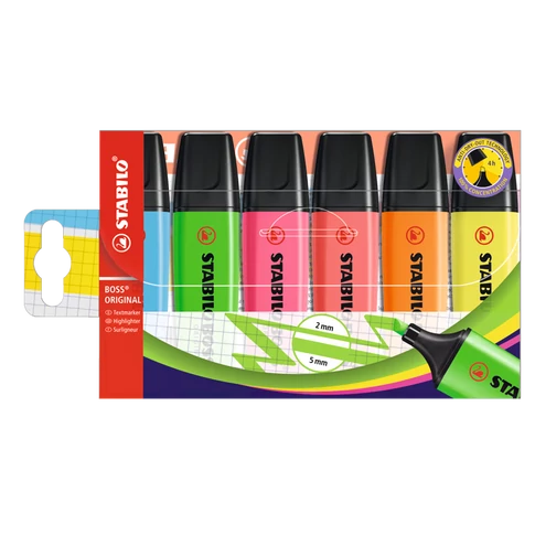 Szövegkiemelő készlet 2-5mm, vágott hegyű, STABILO Boss original, 6 klf. szín