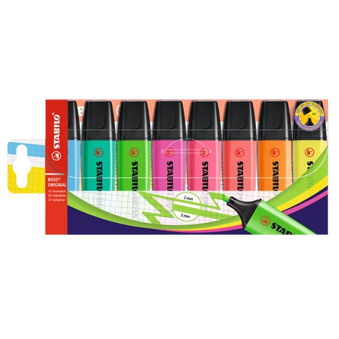 Szövegkiemelő készlet 2-5mm, vágott hegyű STABILO Boss original, 8 klf. szín