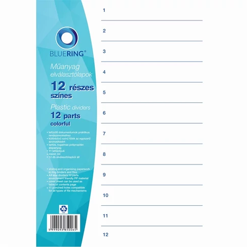 Elválasztólap, színes műanyag 12 részes Bluering®