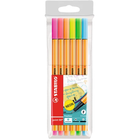 Rostirón, tűfilc készlet, 0,4mm, Stabilo Point 88, 6 klf. szín