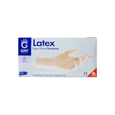 GMT Super Gloves fehér latex gumikesztyű púderes XL méretben 100 darabos kiszerelésben