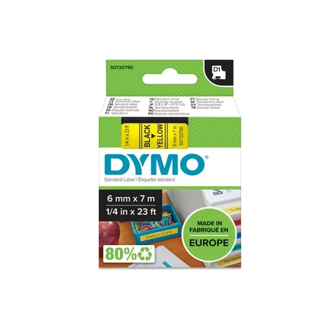 Feliratozógép szalag Dymo D1 S0720790/43618 6mmx7m, ORIGINAL, fekete/sárga