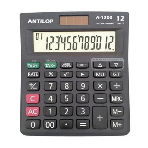 Antilop A-1200 asztali számológép, 12 számjegy, nagy döntött kijelző, memória és áfa számítási funkciók