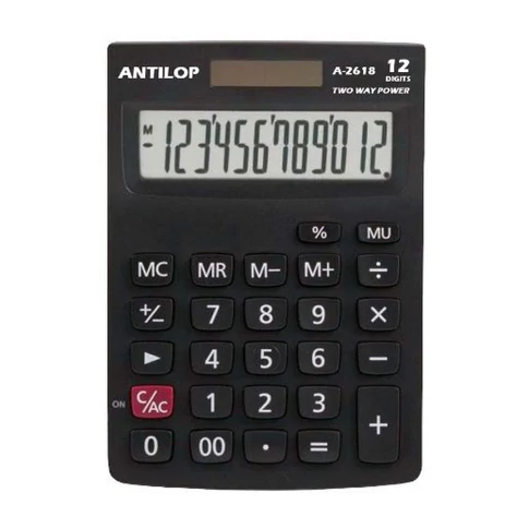 Ergonomikus Antilop A-2618 asztali számológép 12 számjegy megjelenítésére alkalmas, nagy, döntött kijelzővel irodai pénzügyi számításokhoz
