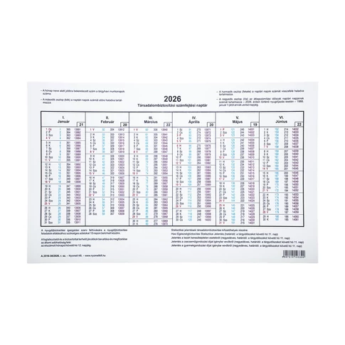 TB számfejtési naptár 2026 A.3516-38/2026 kóddal, bérszámfejtéshez, társadalombiztosítási elszámoláshoz és munkaidő-adatok áttekintéséhez könyvelőirodákban és céges adminisztrációban