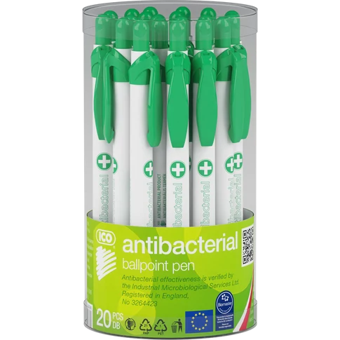 Golyóstoll nyomógombos antibakteriális műanyag test, 0,8mm, Ico, írásszín kék