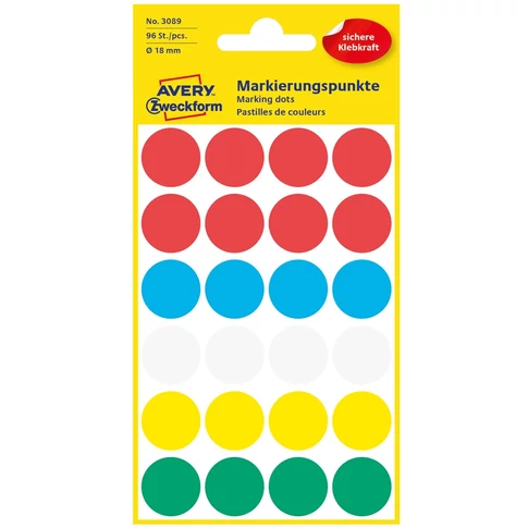 Etikett címke, o18mm, jelölésre, 5 klf. szín 24 címke/ív, 4 ív/doboz, Avery vegyes