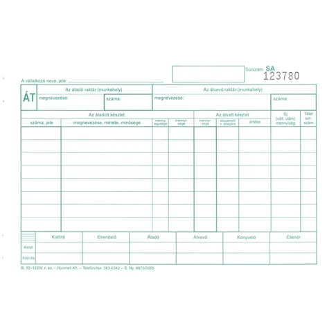 Készlet átadás átvételi bizonylat 8tételes 25x4 lapos tömb A/5 fekvő B.12-122