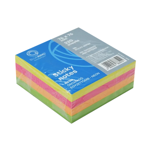 Bluering® öntapadós jegyzettömb, 76×76 mm, 320 lap, neon színekben